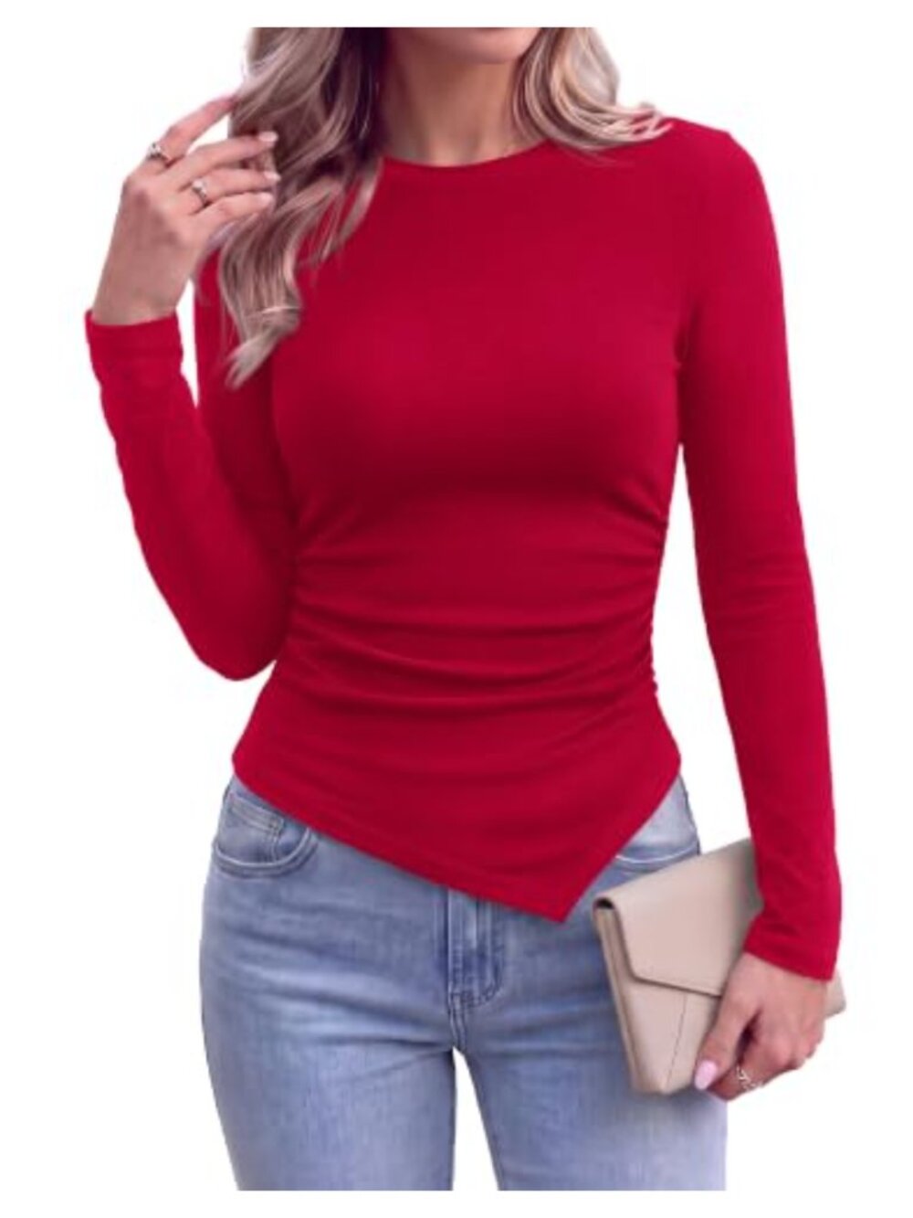 KIRUNDO Womens Asymmetrical Long Sleeve Ruched Knit Tunic Top